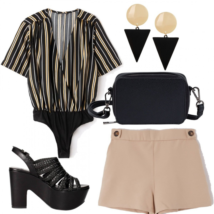 Outfit donna - Trendy #16831. Stile Trendy per Tutti i giorni. Abbinamento con borse a tracolla, orecchini nero, camicia, bermuda tinta unita beige, sandali nero.