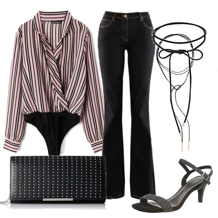 Outfit donna - Saint Laurent ....legami.... Stile Trendy per Tutti i giorni. Abbinamento con jeans bootcut, collana effetto scamosciato in pelle sintetica oro e nero, body a righe rosa, sandali, collane, pochette nero.