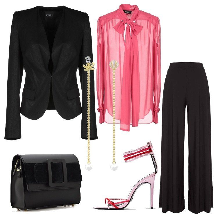 Outfit donna - Inspo Saint Laurent. Stile Chic per Serata fuori. Abbinamento con blusa con fiocco senza tasche a maniche lunghe crêpe, giacca con fiocco a maniche lunghe interno foderato jersey, sandali fantasia con tacco spillo e zip con punta quadrata in pelle sintetica, shopping bag nero, pantalone wide leg nero, orecchini multicolore.