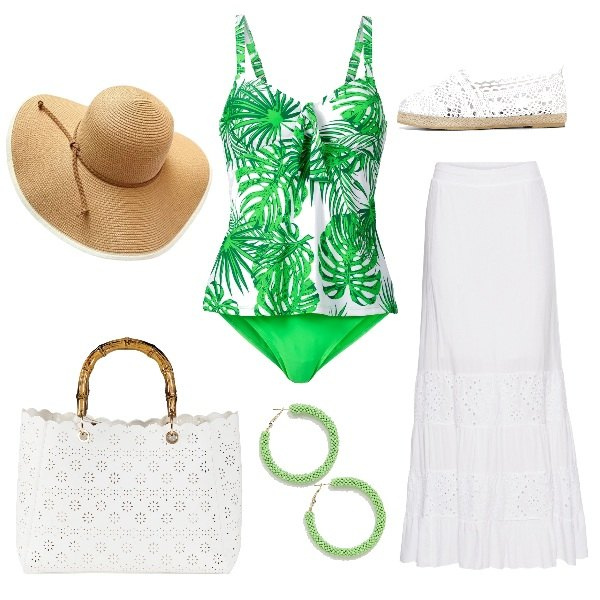 Outfit donna - Tankini e gonna sangallo. Stile Basic per Mare. Abbinamento con gonna lunga con pizzo bianco, top forma svasata scollatura, borsa a mano bianco, espadrillas, orecchini petite con perline a scatto verde e oro, cappello oversize con fasce in paglia traspirante.