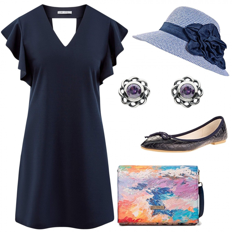 Outfit donna - Oodji. Stile Bon Ton per Serata fuori. Abbinamento con vestiti, borsa a tracolla blu, cappello collo aperto in paglia traspirante blu, ballerine, orecchini a perno farfallina effetto lucido in sterling 925 viola e argento.