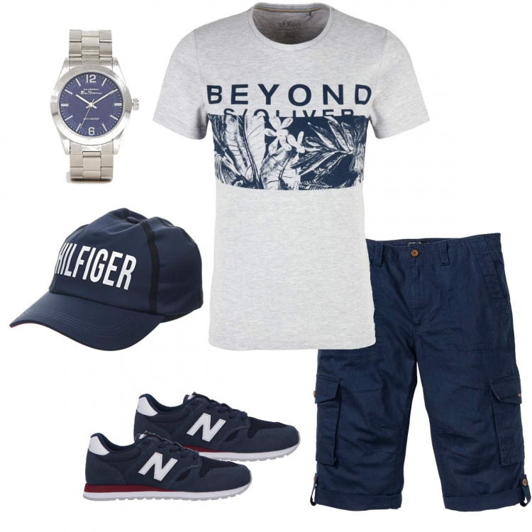 Outfit uomo - Bermuda blu. Stile Casual per Tutti i giorni. Abbinamento con bermuda, sneakers tennis, t-shirt grigio, cappello con visiera, orologio con cinturino.