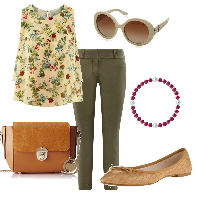 Outfit donna - Oodji. Stile Basic per Tutti i giorni. Abbinamento con top aderente beige, pantaloni chino, ballerine, shopping bag marrone, braccialetto in argento 925 rosso, occhiali da sole bianco.