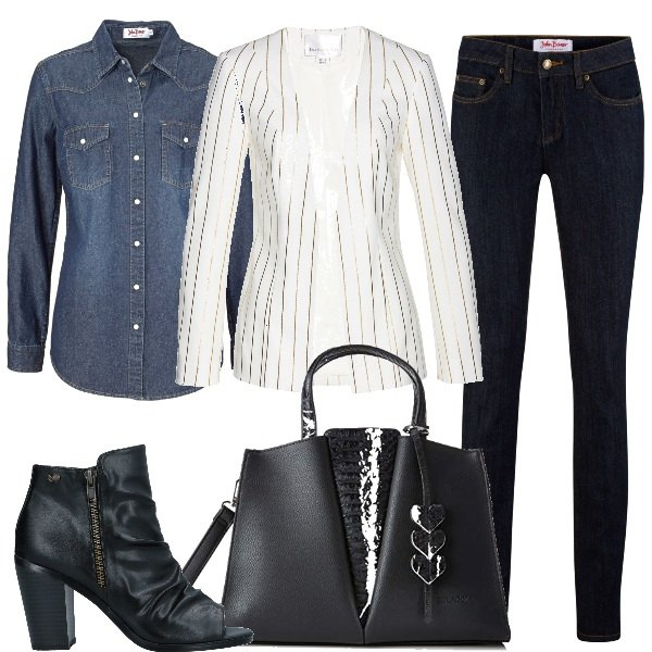 Outfit donna - Saint Laurent per tutte. Stile Bon Ton per Serata fuori. Abbinamento con jeans skinny, blazer fantasia con spalline bianco, camicia sport contrasto a maniche lunghe in denim con bottoni, stivaletti con tacco geometrico e zip interno sfoderato open toe pianta stretta in pelle sintetica tinta unita, shopping bag.