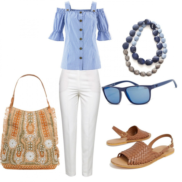Outfit donna - Basic, viva il blu. Stile Basic per Tutti i giorni. Abbinamento con camicie a manica corta, borsa a spalla maxi fantasia floreale con ricamo interno foderato con manico, collana blu, sandali petite collo aperto suola piatta, pantalone bianco, occhiali da sole sagomati lenti scure stanghette sottili con punta quadrata protezione dai raggi blu.