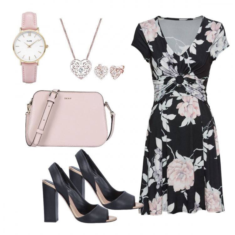 Outfit donna - Peonie. Stile Basic per Serata fuori. Abbinamento con parka, sandali con tacco squadrato e punta tonda tinta unita, borsa a tracolla mini con stampa e zip interno foderato in pelle tinta unita, collana, orologi.