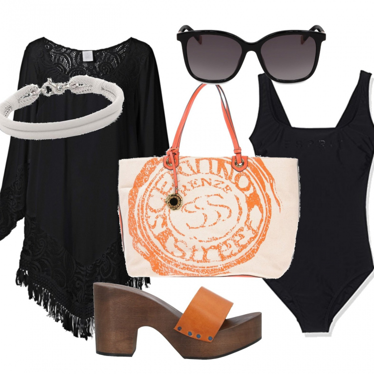 Outfit donna - Trendy #16972. Stile Trendy per Mare. Abbinamento con vestiti da spiaggia, sabot con tacco squadrato interno in pelle con punta tonda tinta unita, borse a mano, costume intero, bracciale argento, occhiali da sole.