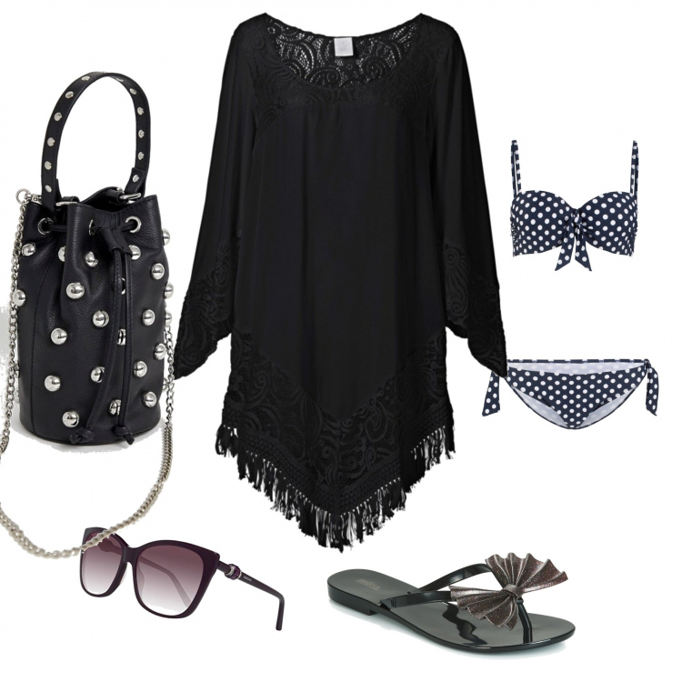 Outfit donna - Al mare. Stile Trendy per Mare. Abbinamento con vestiti da spiaggia, bikini con ferretto, scarpa, clutch tote, occhiali da sole viola.