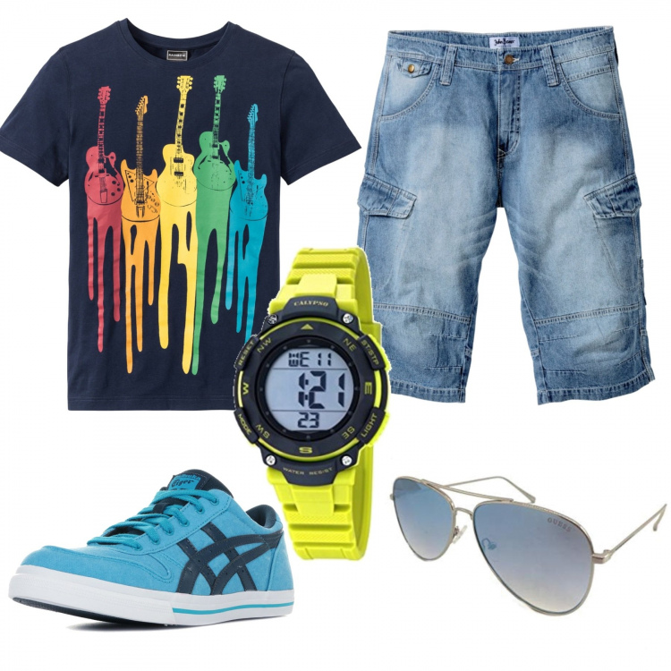 Outfit uomo - Tocchi di colore. Stile Casual per Tutti i giorni. Abbinamento con bermuda, t-shirt, scarpe blu, occhiali da sole, orologio con cinturino e fibbia giallo e grigio.