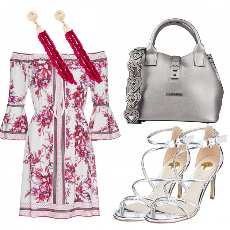 Outfit donna - Spalle in vista. Stile Bon Ton per Serata fuori. Abbinamento con costumi interi, orecchini con perle fucsia, borsa a mano taglia media a scatto interno foderato in pelle sintetica tinta unita, sandali.