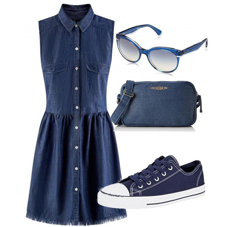 Outfit donna - OODJI e jeans. Stile Urban per Tutti i giorni. Abbinamento con vestito in denim con bottoni blu, scarpa sportiva, clutch blu, occhiali da sole blu.