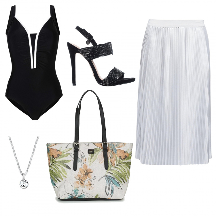 Outfit donna - Piscina party. Stile Sexy per Serata fuori. Abbinamento con costumi interi, sandali con strass effetto scamosciato con fibbia e punta tonda tinta unita, shopping bag, gonna grigio, collana in sterling 925 con catenina argento e turchese.