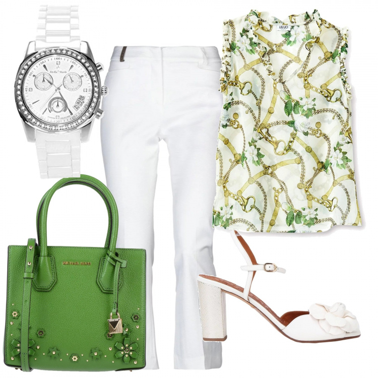 Outfit donna - Fiori...in ufficio. Stile Urban per Ufficio. Abbinamento con pantaloni, sandali con tacco squadrato e fibbia con punta tonda tinta unita, borse a mano, top, orologio analogico con cinturino bianco.