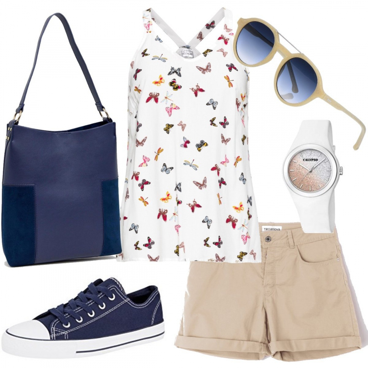 Outfit donna - Tra parchi e musei. Stile Basic per Tutti i giorni. Abbinamento con top, occhiali da sole, bermuda twill beige, scarpa sportiva, vestito effetto scamosciato navy, orologio analogico.