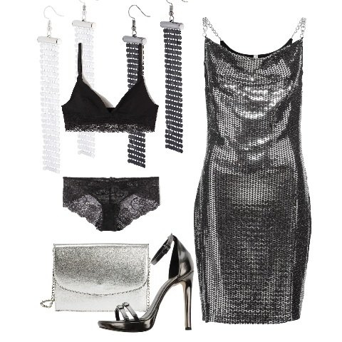 Outfit donna - Sexy disco party per curvy. Stile Sexy per Serata fuori. Abbinamento con body, orecchini, pochette, sandali effetto laminato con tacco spillo e cinturino interno foderato con punta tonda in pelle sintetica tinta unita grigio, slip con pizzo a pois in tulle nero, reggiseno con pizzo jersey nero.