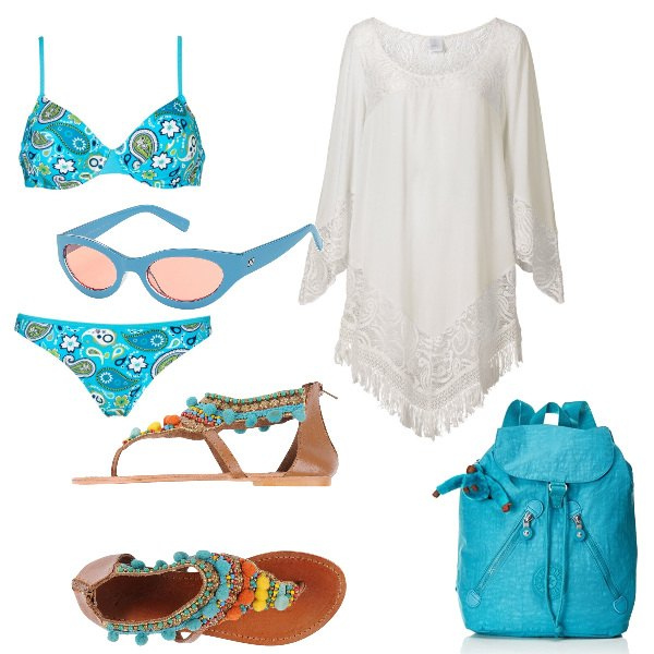 Outfit donna - Il costume a fiori. Stile Trendy per Mare. Abbinamento con vestiti da spiaggia, bikini, infradito contrasto con perline senza tacco con zip e punta tonda tinta unita, occhiali da sole lenti colorate montatura in plastica, zaino.