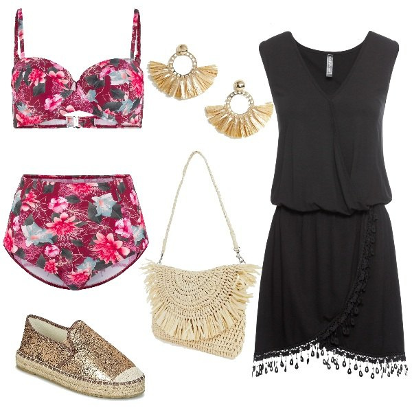 Outfit donna - Gli orecchini in rafia. Stile Trendy per Mare. Abbinamento con vestiti, bikini, reggiseno con ferretto, scarpe, pochette in paglia, orecchini farfalla collo aperto in rafia con nappine oro.