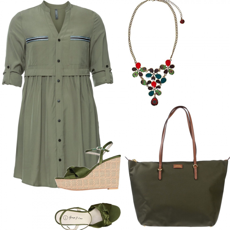 Outfit donna - Verde#lostilenonhataglie. Stile Trendy per Tutti i giorni. Abbinamento con vestiti chemisier, sandali con zeppe e punta tonda pianta larga in raso tinta unita, borsa a spalla maxi con zip interno sfoderato in pelle sintetica tinta unita, collana.