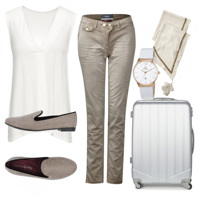 Outfit donna - In aeroporto. Stile Basic per Tutti i giorni. Abbinamento con top, mocassini con strass effetto scamosciato senza tacco con punta tonda tinta unita, valigia argento, pantalone beige e crema, scialle taglia unica, orologio con cinturino in oro rosa bianco.
