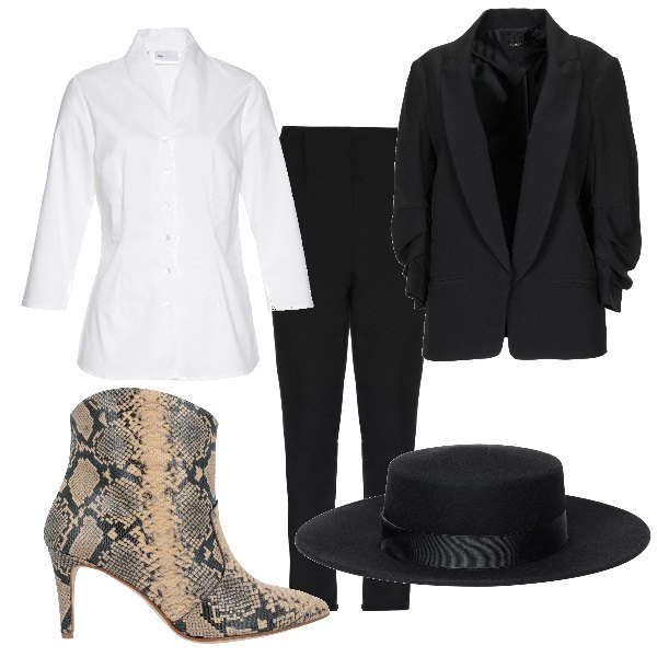 Outfit donna - Saint Laurent inspo catwalk. Stile Chic per Serata fuori. Abbinamento con camicie, giacca con arricciature collo con revers interno semi-foderato crêpe, pantaloni, cappello con fiocco, stivaletti con stampa a punta.