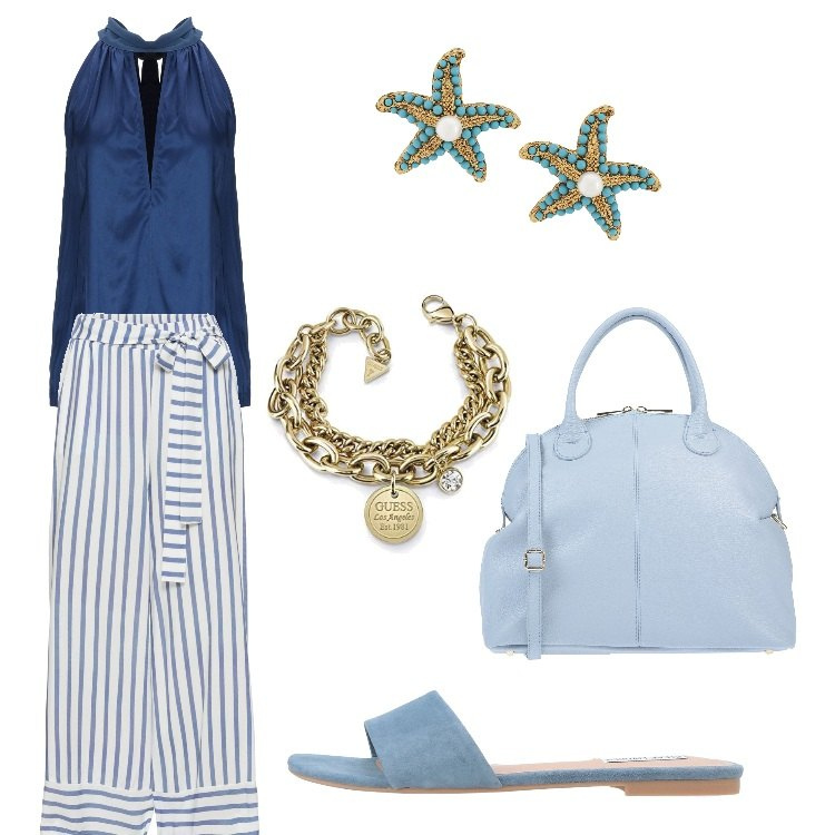 Outfit donna - Il pantalone a righe. Stile Basic per Tutti i giorni. Abbinamento con top collo tondo in raso tinta unita, borsa maxi in pelle martellata con zip interno foderato tinta unita, orecchini con perline e farfallina oro e argento, sandali effetto scamosciato interno foderato con punta tonda tinta unita, reggiseni, bracciale.