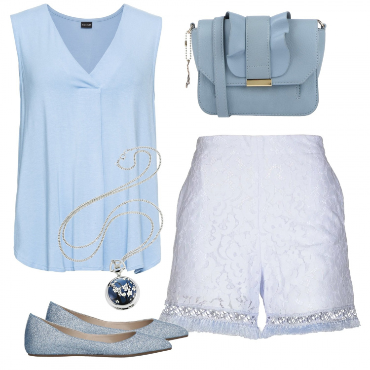 Outfit donna - Shorts in pizzo. Stile Trendy per Serata fuori. Abbinamento con top, collane, shorts con pizzo contrasto vita alta con zip interno foderato tinta unita, ballerine glitter senza tacco a punta tinta unita, borsa a mano petit con ruches interno foderato in pelle sintetica tinta unita.