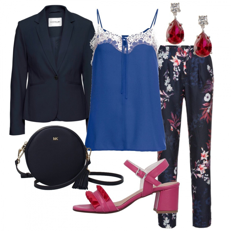 Outfit donna - Cerimonia in blu. Stile Chic per Cerimonia. Abbinamento con blazer, vestiti lunghi, top con pizzo e scollo con bottoni blu, sandali con tacco squadrato e fibbia con punta tonda in raso tinta unita, orecchini con strass e farfallina, borsa a tracolla con frange e logo frontale blu.