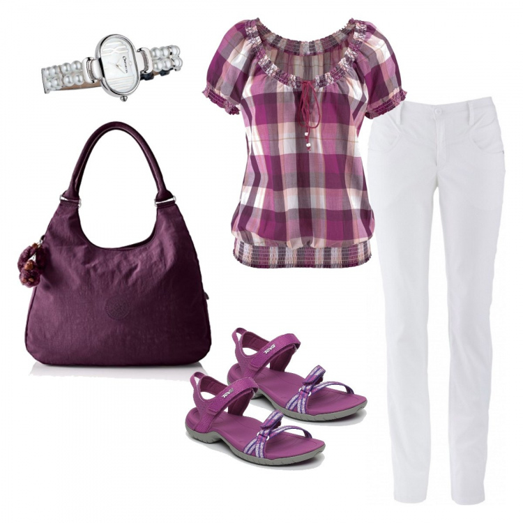 Outfit donna - Quadrettoni viola. Stile Basic per Tutti i giorni. Abbinamento con pantaloni, tunica con fiocco e perle fantasia con scollo a maniche corte in denim, sandali a righe traforato con punta tonda viola, borsa a tracolla viola, bracciale con perle.