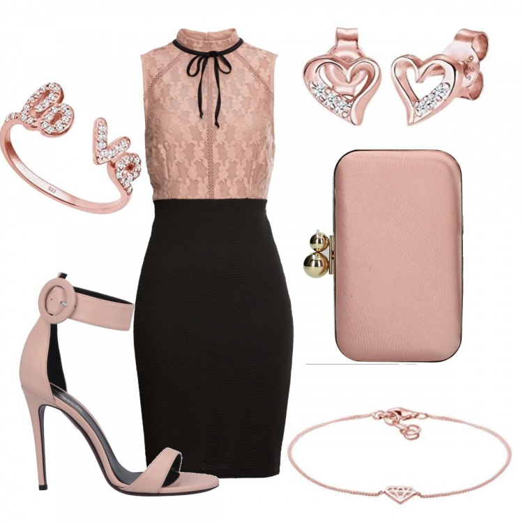 Outfit donna - Elegantemente con il rosa. Stile Chic per Cerimonia. Abbinamento con sandali con cinturino e punta tonda tinta unita, vestiti midi/longuette, shopping bag, bracciale oro, anelli, orecchini.