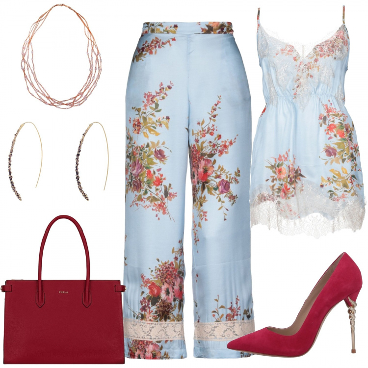 Outfit donna - Completo in seta e pizzo. Stile Trendy per Serata fuori. Abbinamento con top con pizzo fantasia floreale scollatura profonda in raso rosa, pantalone con pizzo fantasia floreale vita alta in raso con tasche rosa, décolleté effetto scamosciato a punta tinta unita, orecchini, borsa a mano taglia media con zip interno foderato in pelle tinta unita, collana in oro rosa impreziosito argento.
