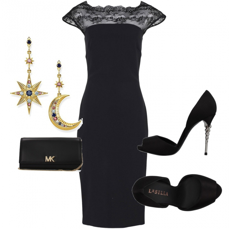 Outfit donna - Chic #9761. Stile Chic per Cerimonia. Abbinamento con vestito petite con pizzo senza maniche jersey, décolleté effetto satinato open toe in raso tinta unita, pochette con logo frontale nero, orecchini.
