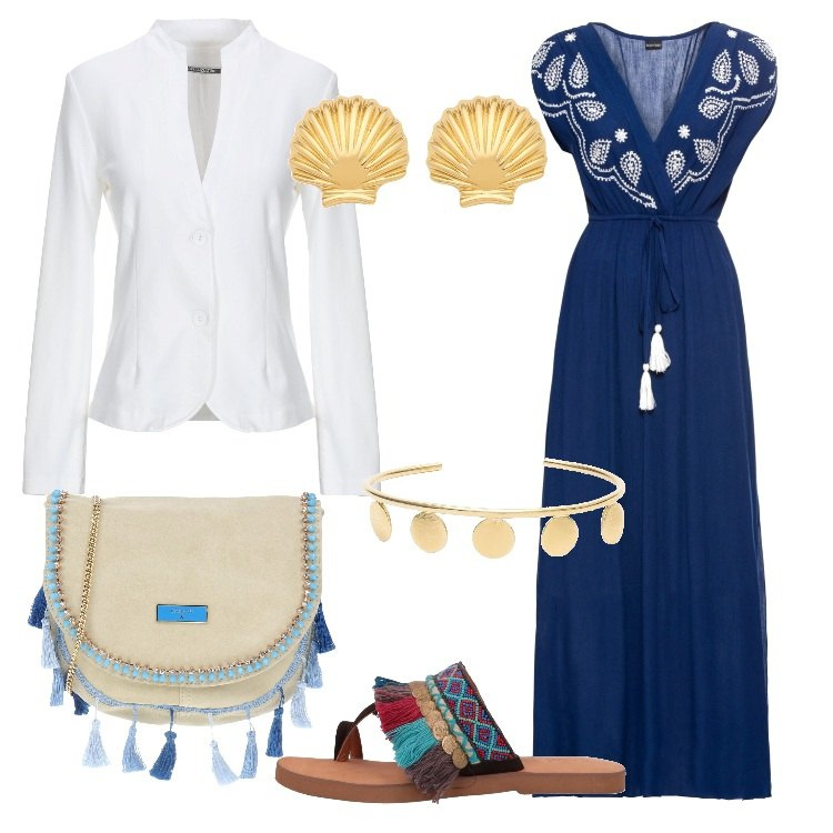 Outfit donna - Stile etnico in città. Stile Etnico per Tutti i giorni. Abbinamento con vestiti lunghi, giacca, infradito fantasia multicolore con perline senza tacco con punta tonda blu, bracciale in ottone oro, borsa a tracolla messenger con strass effetto scamosciato taglia media in pelle con nappine, orecchini con farfallina in ottone argento e oro.