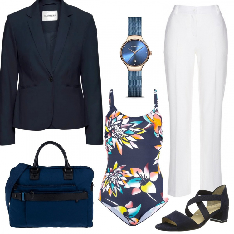 Outfit donna - Costume in ufficio #curvy. Stile Bon Ton per Ufficio. Abbinamento con blazer, costume intero con ferretto fantasia con spalline a clip blu, pantalone lungo, borsa da lavoro cartella maxi con zip interno foderato in tessuto tecnico tinta unita, sandali, orologi.