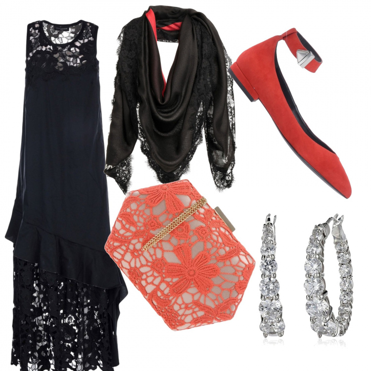 Outfit donna - Gran serata in pizzo. Stile Chic per Serata fuori. Abbinamento con vestito lungo con pizzo e ruches collo tondo senza maniche interno foderato tinta unita, borsa a mano mini con pizzo fantasia a scatto interno foderato in raso con tracolla removibile, stola con pizzo tinta unita, ballerine, orecchini.