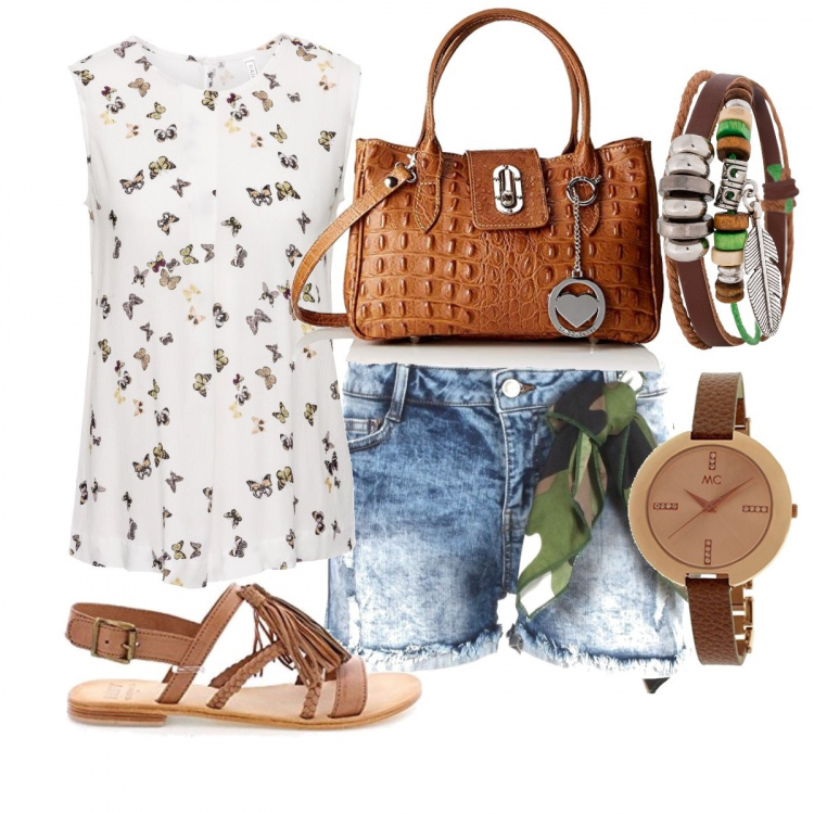 Outfit donna - Domenica di luglio. Stile Trendy per Tutti i giorni. Abbinamento con top, braccialetto, shorts blu, sandali marrone, borsa a mano marrone, orologi.