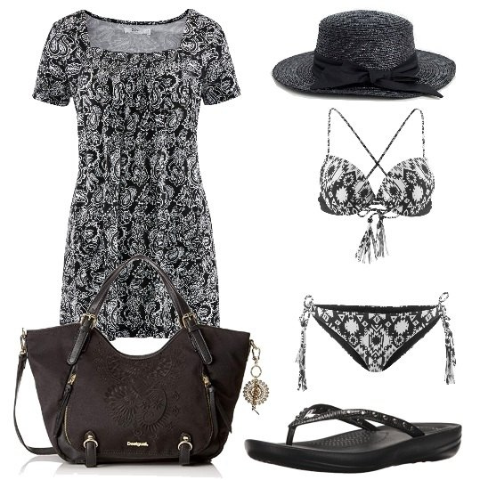 Outfit donna - Urban #5778. Stile Urban per Mare. Abbinamento con tuniche, maglieria, borsa a spalla nero, scarpe taglia media nero, cappello con fiocco in paglia nero.