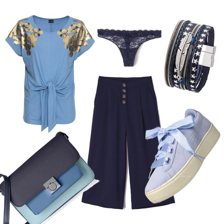 Outfit donna - Nodo in blu. Stile Urban per Tutti i giorni. Abbinamento con maglia con nodi blu, felpe con cappuccio, pantalone, perizoma con pizzo blu, scarpe da ginnastica blu, borsa a tracolla.