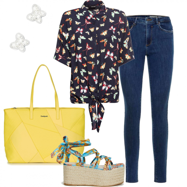 Outfit donna - Come una farfalla. Stile Basic per Tutti i giorni. Abbinamento con vestiti midi/longuette, jeans slim fit blu, shopping bag giallo, espadrillas stringate flatform con stampa, orecchini glitter.
