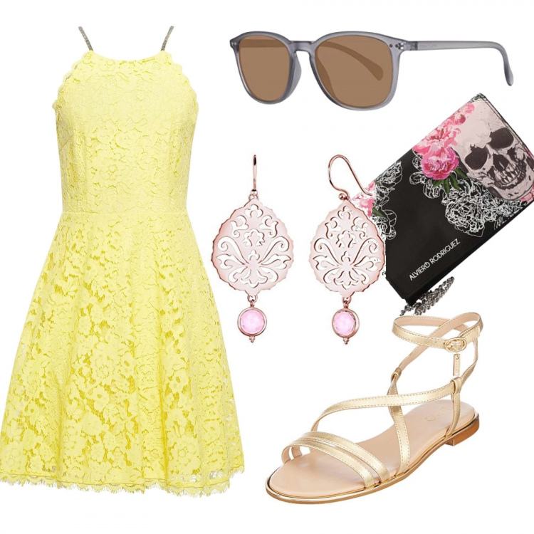 Outfit donna - Pizzo e borsa a sorpresa. Stile Trendy per Tutti i giorni. Abbinamento con borsa a tracolla nero, vestito giallo, sandali, sabot, mules e ciabattine trendy effetto metallizzato open toe in pelle oro, orecchini, occhiali da sole unisex-adulto grigio.