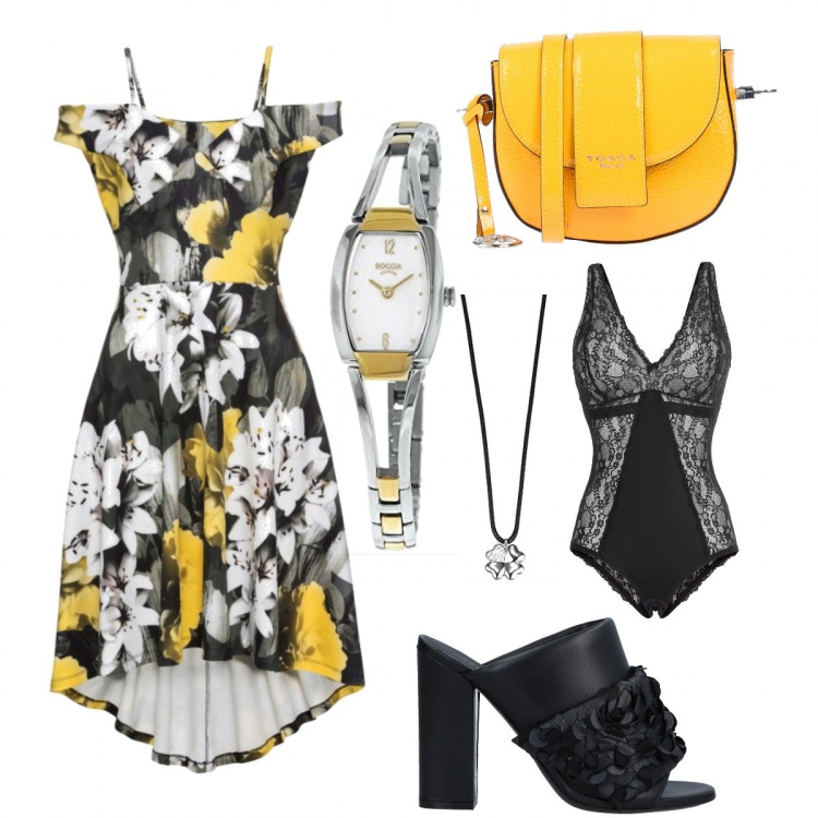 Outfit donna - Trendy #17358. Stile Trendy per Serata fuori. Abbinamento con body, vestiti, sandali contrasto con tacco squadrato e punta tonda tinta unita grigio, borsa a mano petit effetto vernice interno foderato tinta unita blu, catena in sterling 925 argento e bianco e nero, orologio oro.