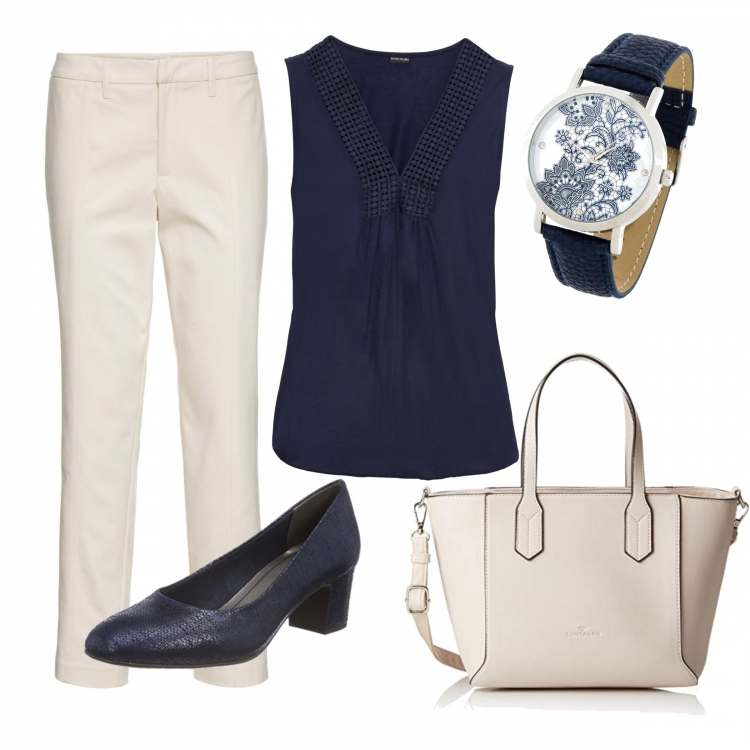 Outfit donna - Ultime commissioni... poi ferie. Stile Bon Ton per Ufficio. Abbinamento con costumi interi, maglia, pantalone con spacco e zip con gancetto beige, borse tote, scarpe con tacco effetto metallizzato navy.