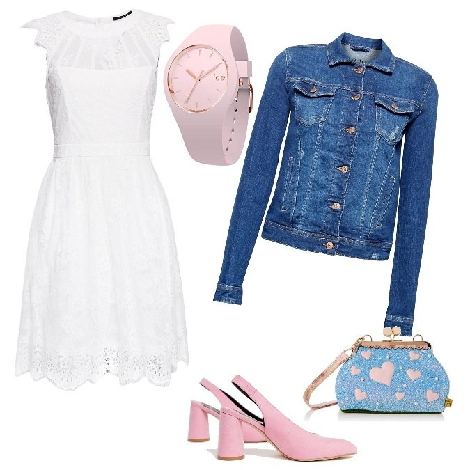 Outfit donna - Basic #10654. Stile Basic per Tutti i giorni. Abbinamento con vestiti, scarpe con cinturino rosa, borsa a spalla blu, giacca in denim blu, orologi.