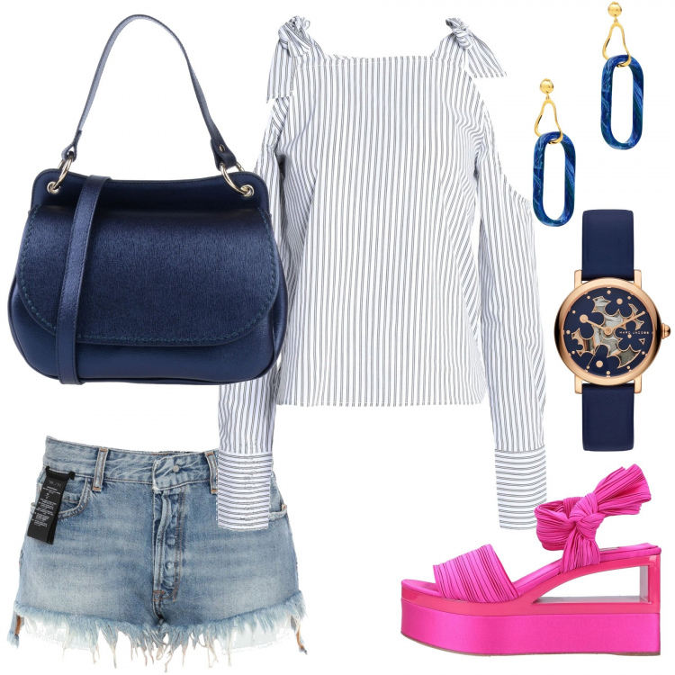 Outfit donna - Blu navy e fucsia. Stile Basic per Tutti i giorni. Abbinamento con sandali col tacco, blusa con fiocco senza tasche a righe a maniche lunghe elasticizzato, borsa a mano, orologio con fibbia, shorts senza tasche fantasia vita alta in denim con bottoni, orecchini.