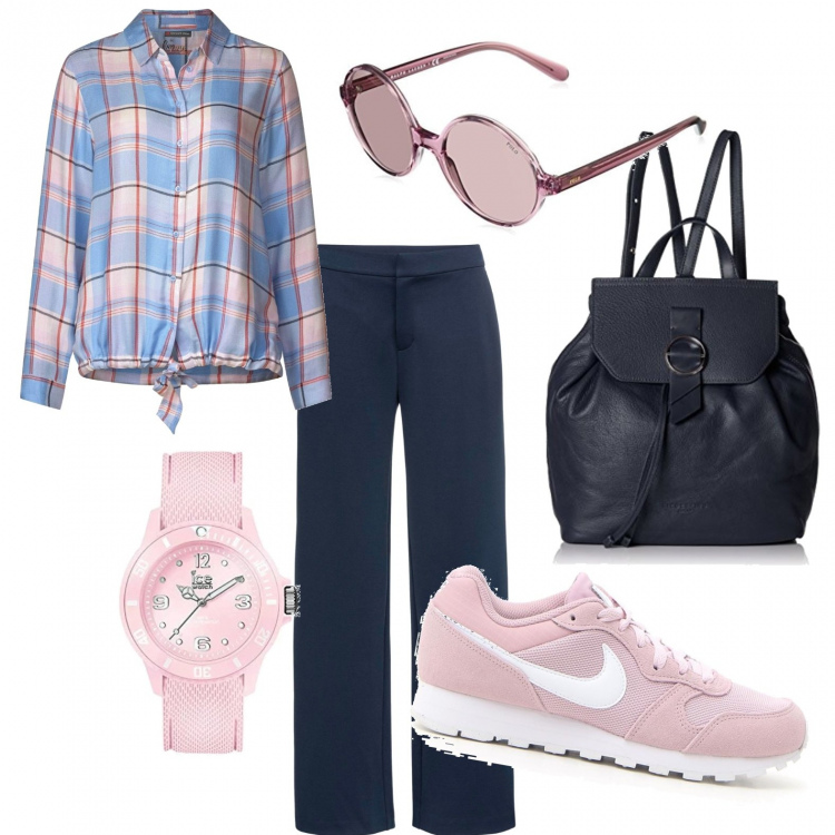 Outfit donna - Basic #10670. Stile Basic per Tutti i giorni. Abbinamento con pantaloni a palazzo, sneakers, camicie, occhiali da sole rosa e nero, borsa, orologio con cinturino pastello e rosa.