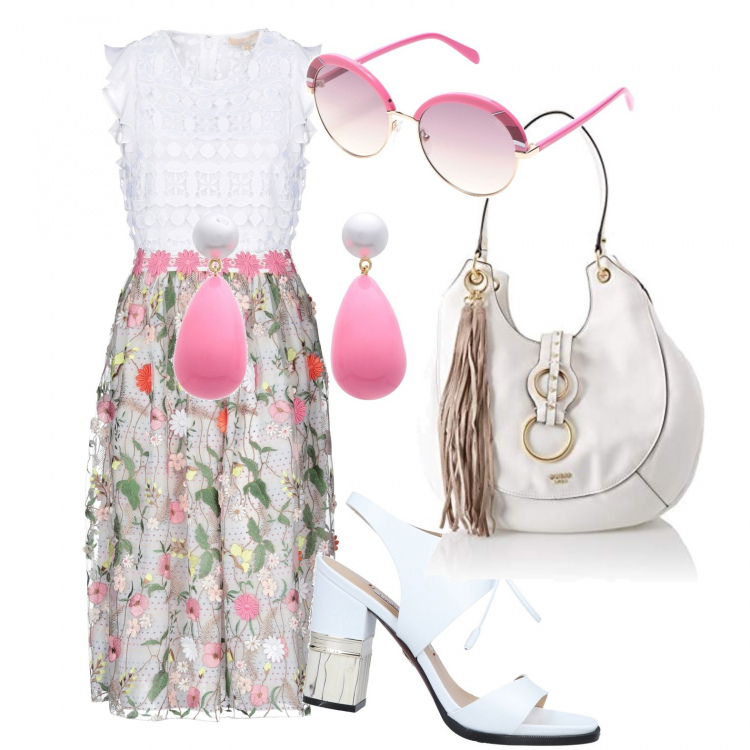 Outfit donna - Bon Ton #8597. Stile Bon Ton per Tutti i giorni. Abbinamento con gonna longuette senza tasche fantasia floreale con perline e zip interno foderato in tulle con gancetto, top, sandali con tacco squadrato e punta tonda pianta stretta tinta unita, orecchini con perline e farfallina oro e argento, occhiali da sole lenti sfumate in montatura in metallo, shopping bag a scatto bianco.