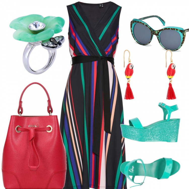 Outfit donna - Iridella. Stile Trendy per Tutti i giorni. Abbinamento con vestiti, zeppe con zeppe effetto vernice con fibbia e punta tonda in pelle sintetica tinta unita, anello, orecchini in ottone fatto a mano oro, borsa a mano con logo frontale rosso, occhiali da sole verde.