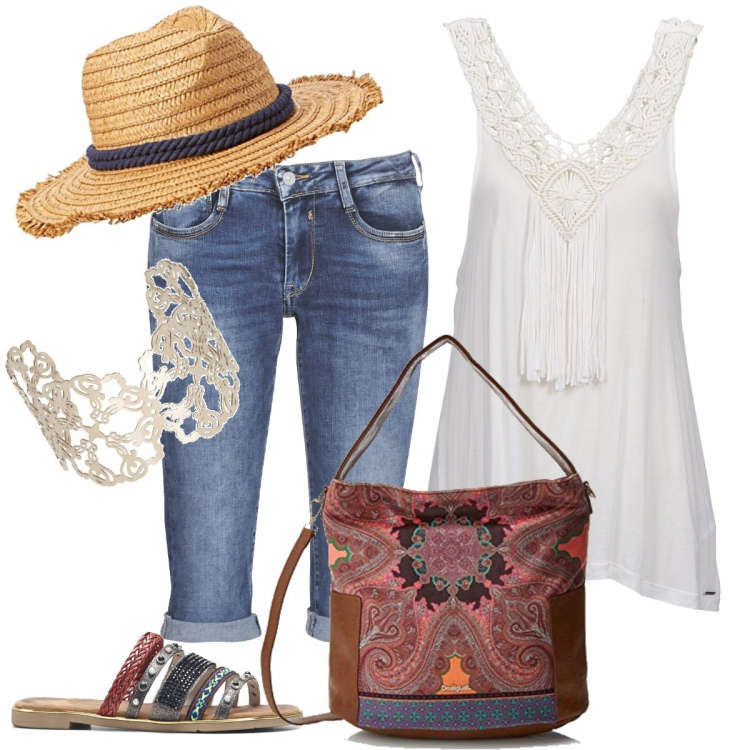 Outfit donna - In viaggio stile Etro. Stile Etnico per Tutti i giorni. Abbinamento con ciabatte, top, pantalone blu, bracciale argento, borse a spalla, berretti.
