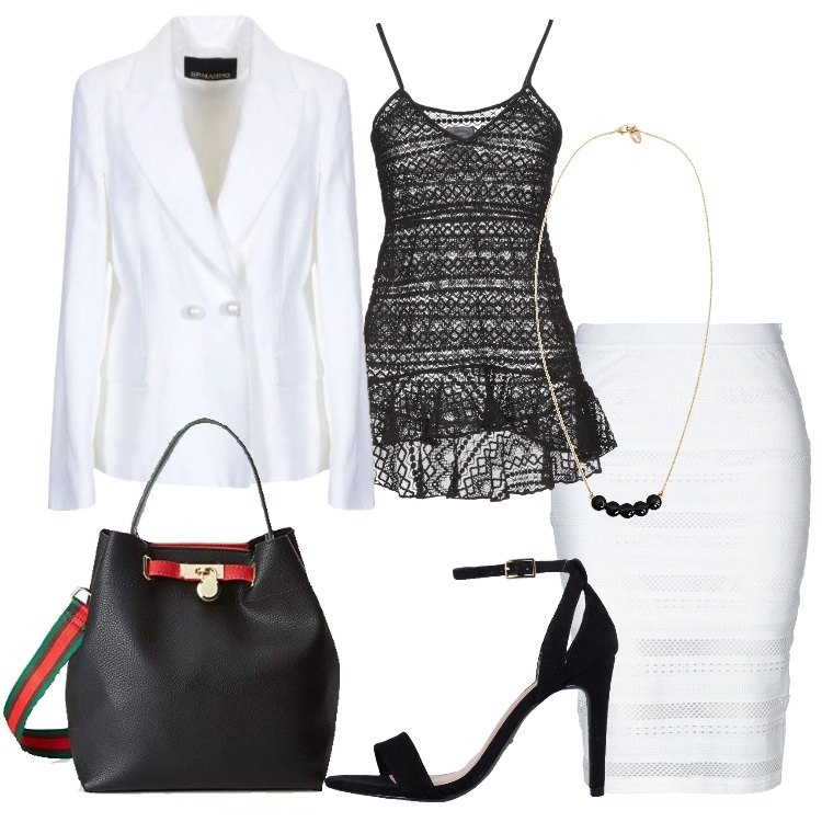 Outfit donna - Inspo Etro. Stile Chic per Serata fuori. Abbinamento con gonna al ginocchio senza tasche interno foderato jersey, top con pizzo collo a v tinta unita rosa, collane, sandali col tacco, giacca doppiopetto contrasto shantung collo con revers a maniche lunghe interno semi-foderato tinta unita, borsa a spalla nero.