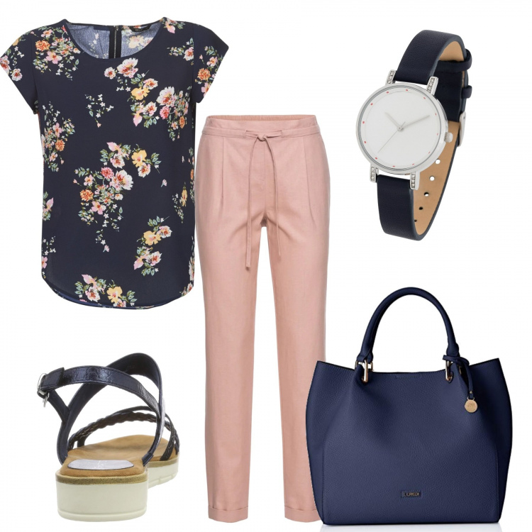 Outfit donna - È l\'ora per me. Stile Basic per Tutti i giorni. Abbinamento con pantaloni, jeans, camicetta blu, sandali con cinturino navy, borsa a spalla blu.