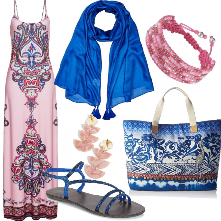 Outfit donna - Notti d oriente per etro. per Mare. Abbinamento con vestiti corti, sandali, borse a mano, orecchini farfalla oro e rosa, braccialetto, sciarpa.